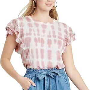 Knox Rose Pink White Tie Dye Lace Ruffle Short Sleeve Top Medium